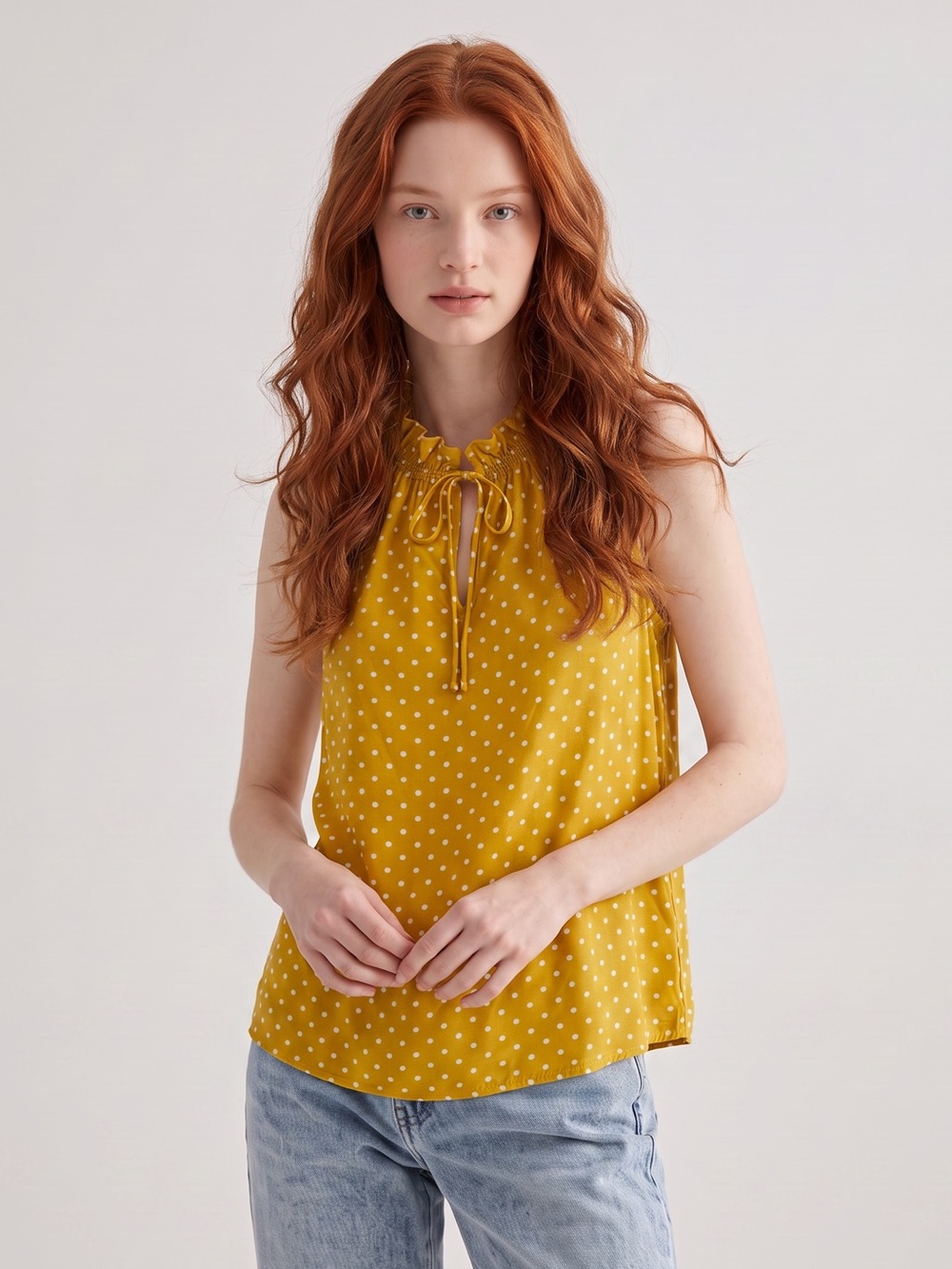 J. Crew Mustard Yellow Polka Dot Tie-Neck Sleeveless Camisole 100% Silk. Whimsy